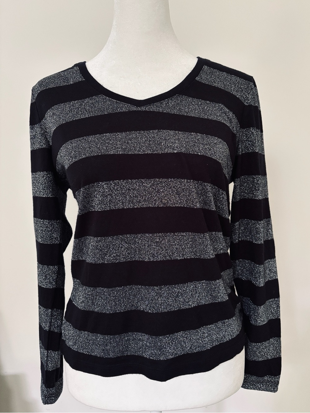Talbots Black Sweater with Silver Sparkle Stripes, Petite Small
